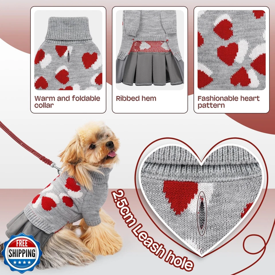 YUDODO Pet Dog Sweater Dress with Heart Pattern Pet Girl Dog Winter Knitted C - Image 3 of 4