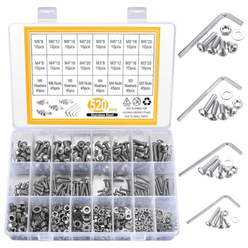 Hex Socket Button Head Cap Screws Bolts and Nuts and Washers Assortment Kit, 520 - Picture 1 of 8