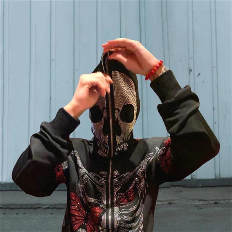 Rhinestone Skeleton Fashion Gothic Men Women Hoodie Sweatshirt Full Zip  Jacket | eBay