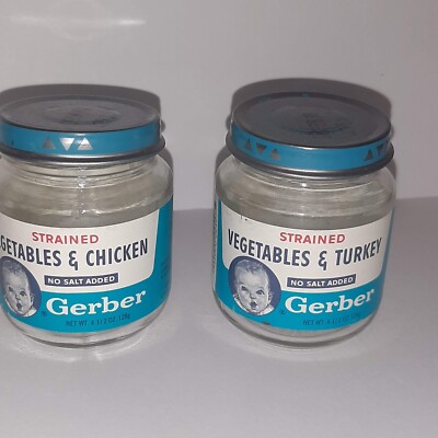 Vintage 70s Gerber Baby Food Jars Vegetables w/Chicken & Turkey Nursery Decor