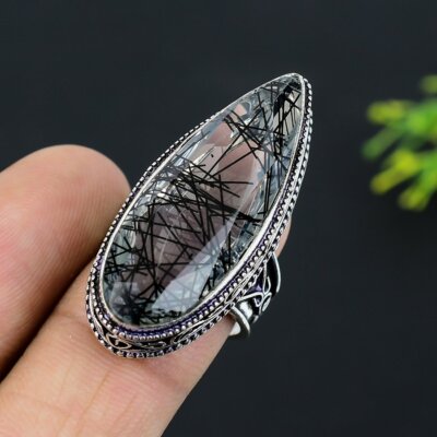 Black Rutile Gemstone Handmade 925 Sterling Silver Jewelry Ring Size 8 W434