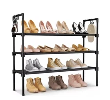 3 Tier Shoe Rack for Closet Shoe Organizer with 5 Hooks Long Shoe Shelf Storag