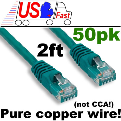 Lot50x/pcs/pack 2ft 100% PURE COPPER WIRE RJ45 Cat5e Ethernet Cable/Cord {GREEN