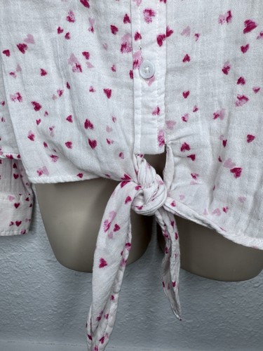 Beach Lunch Lounge Heart Button Down Collared Long Sleeve Tie Front Blouse Sz L - Picture 4 of 10