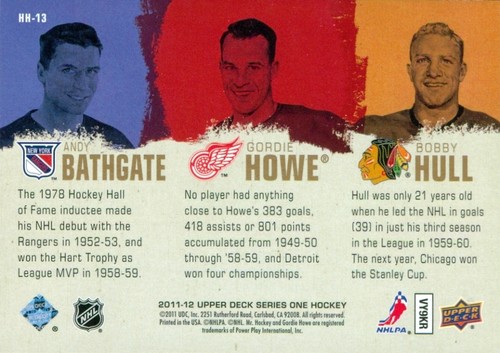 2011-12 UPPER DECK HOCKEY HEROES 1950's COMPLETE SET HH1-HH13 + NNO/SP HOWE/HULL - Picture 6 of 10