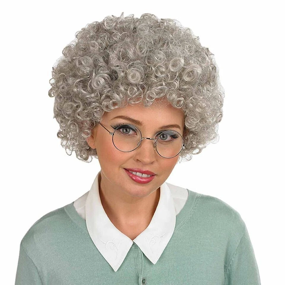 Adult Gray Afro Pop Wig Curly Hair for Old Lady Granny Costume Halloween - Image 2 of 2
