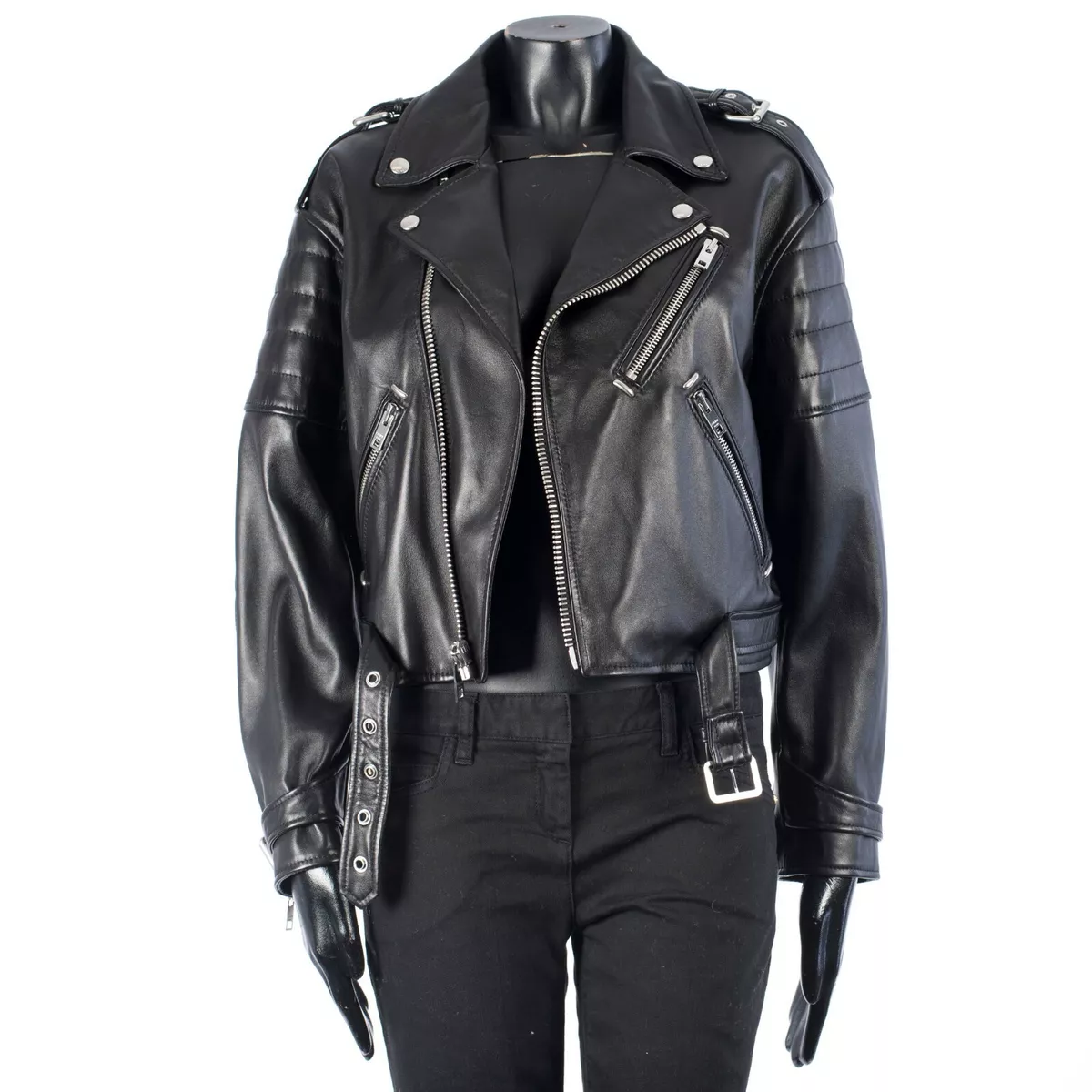CELINE 5200 Black Leather Biker Jacket Padded Sleeves Nappa eBay