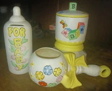 Vtg 3PC Handmade Ceramic Nursery Accessories Bottle Bank Box w Lid Rattle Signed