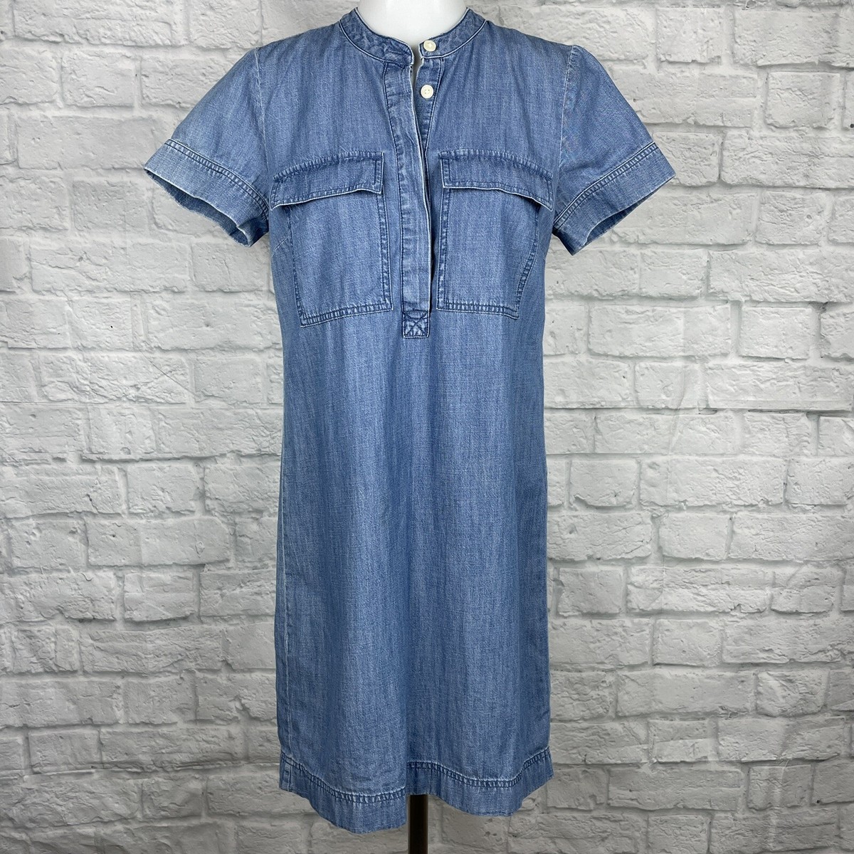 Crew Women's Chambray Shift Dress Blue Short Sleeve Pockets Cotton