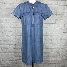 J. Crew Women's 0 Chambray Shift Dress Blue Short Sleeve Pockets Cotton