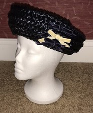 Vintage Women's 1950s Navy Blue Straw Hat Velvet Bow Trim 21 Inches Small/Medium