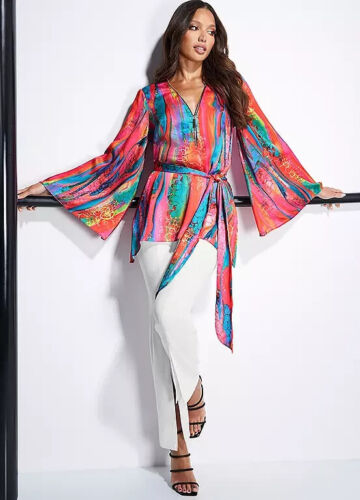 Size 12 - Julien Macdonald Print Stud Detail Belted Kimono Sleeve Satin Top - Picture 7 of 7
