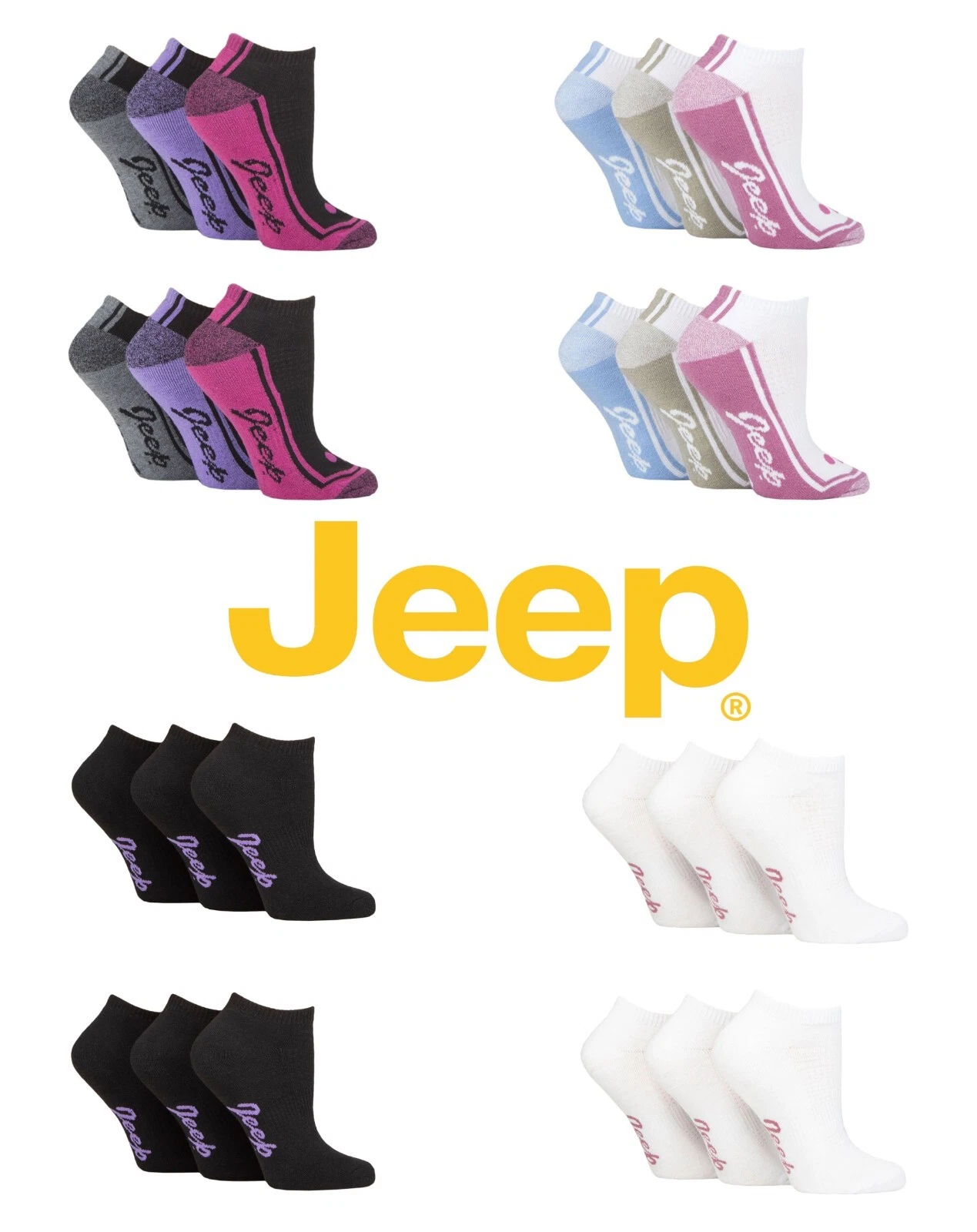 JEEP Women's Trainer Socks Cushioned Performance Polyester Black White - 6 Pairs