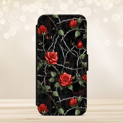 Handyhülle Gothic Schwarz Rosenmuster für iPhone Samsung Google Pixel Flip Wallet
