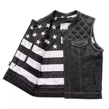 Men's Black Cross Stitch Leather Club Vest - American Flag Lining, Conceal Carry