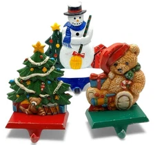 3 Vtg Cast Iron Christmas Stocking Holders: Snowman (Lilian Vernon), Bear, Tree