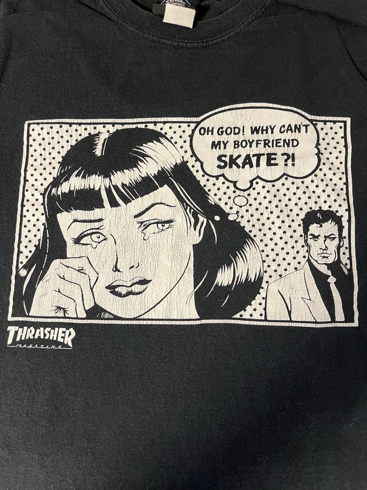 Vintage Thrasher Y2K Small Black T Shirt Faded Funny Skater Grunge Punk VTG  - Image 3 of 4