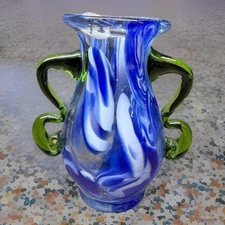 Hand Blown Art Glass Blue Swirl Vase Applied Green Handles Murano-Style