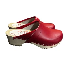 World of Clogs Red Leather Wooden Clogs Size EU 38 (US Women’s 7–7.5)