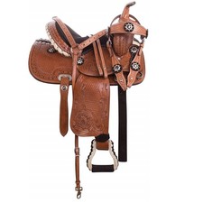 Black Crystal Hand Carved Western Leather Horse Barrel Saddle With Tack Set
