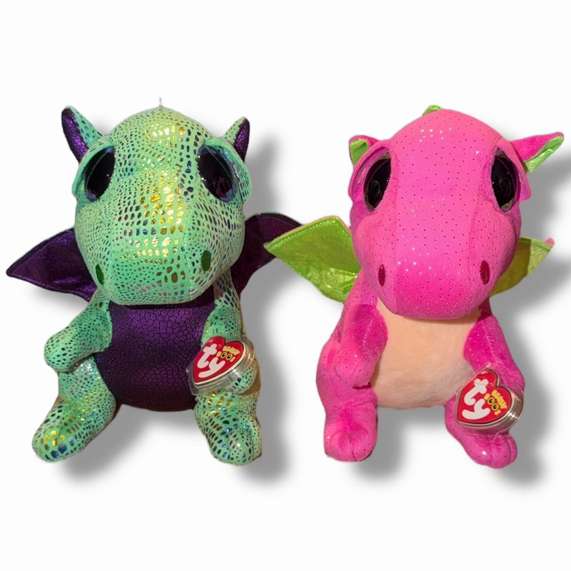 12” TY Beanie Boos Cinder & Darla Dragon Plush Lot 2 Big Eyes w/ Protective Tags