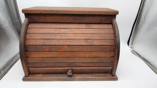 Vintage Wood Bread Box Roll Top Rustic Brown Countertop Bin Kitchen Storage