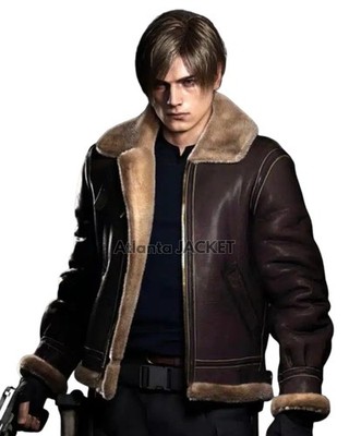 Men Leon Kennedy B3 Bomber Aviator Gaming Style Flight Combat Leather Fur Jacket