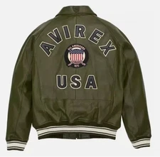 Men's Olive Green AVIREX Bomber Casual Warm Sport Basebal Fauxl Leather Jacket
