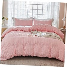 Blush Pink Seersucker Duvet Cover Set Queen Size 90 x 90 inches , 3 Pieces