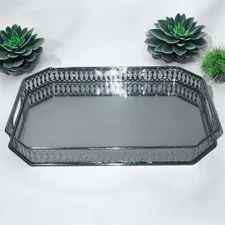 Vtg Octagon Silver Mirror Tray Bedroom Vanity Dresser Cosmetic Perfume Holder