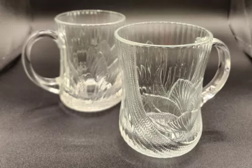 2 Arcoroc Vintage Canterbury Crocus Glass Coffee Mug Tea Cup Clear Floral France