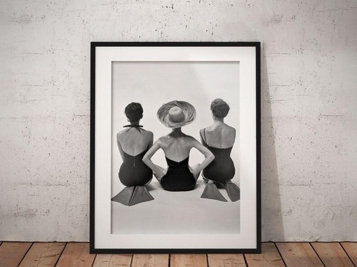 1950 Vintage Fashion Models Swimsuit Print,Glamorous Aquatic Trio, Black White - Picture 2 of 5