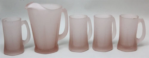 TIARA INDIANA GLASS Pink Frosted Satin 50 Oz Pitcher w/4 Pink Frosted 12 Oz Mugs