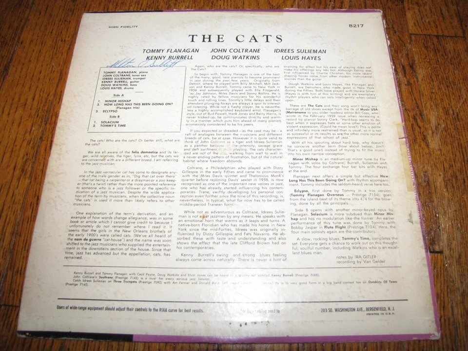 COLTRANE / BURRELL / FLANNAGAN SULIEMAN - THE CATS - PRESTIGE NJLP 8217 - Image 4 of 4