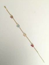 14 K GOLD PLATED ANKLET 10"-12" W/ 4 MULTI COLOR ELEPHANTS IN ROLO CHAIN J 411