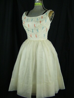 CAREER GIRL Vtg 50s Ivory Crepe/Coral Blue Sequin Beaded Party Dress-Bust  31/2XS