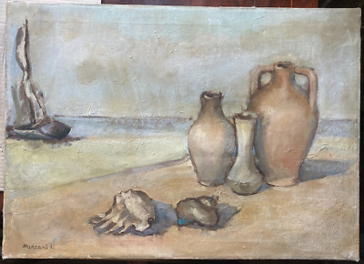 ::ÖLGEMÄLDE LANDSCHAFT STILLLEBEN AM STRAND MIT MUSCHELN UND FLASCHEN SIGNIERT