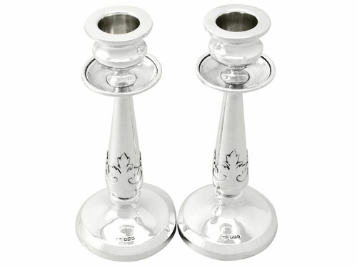 Antique Pair of Sterling Silver Candlesticks, Arts and Crafts Style, George V - Picture 2 of 9