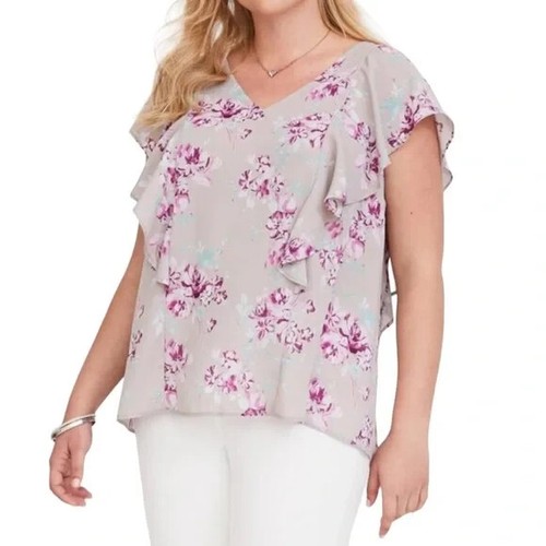 Torrid Womens Top Grey Floral Ruffle Georgette Blouse V Neck Plus Size 1 | 1X - Picture 3 of 15