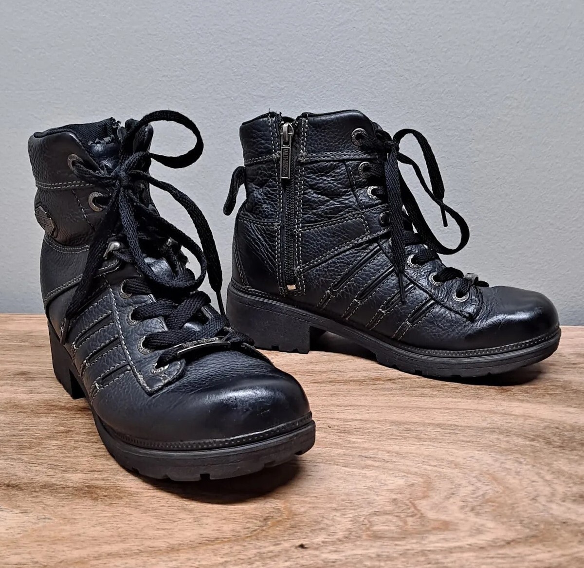 Harley Davidson Womens 8.5 Black Leather Lace-Up Side-Zip