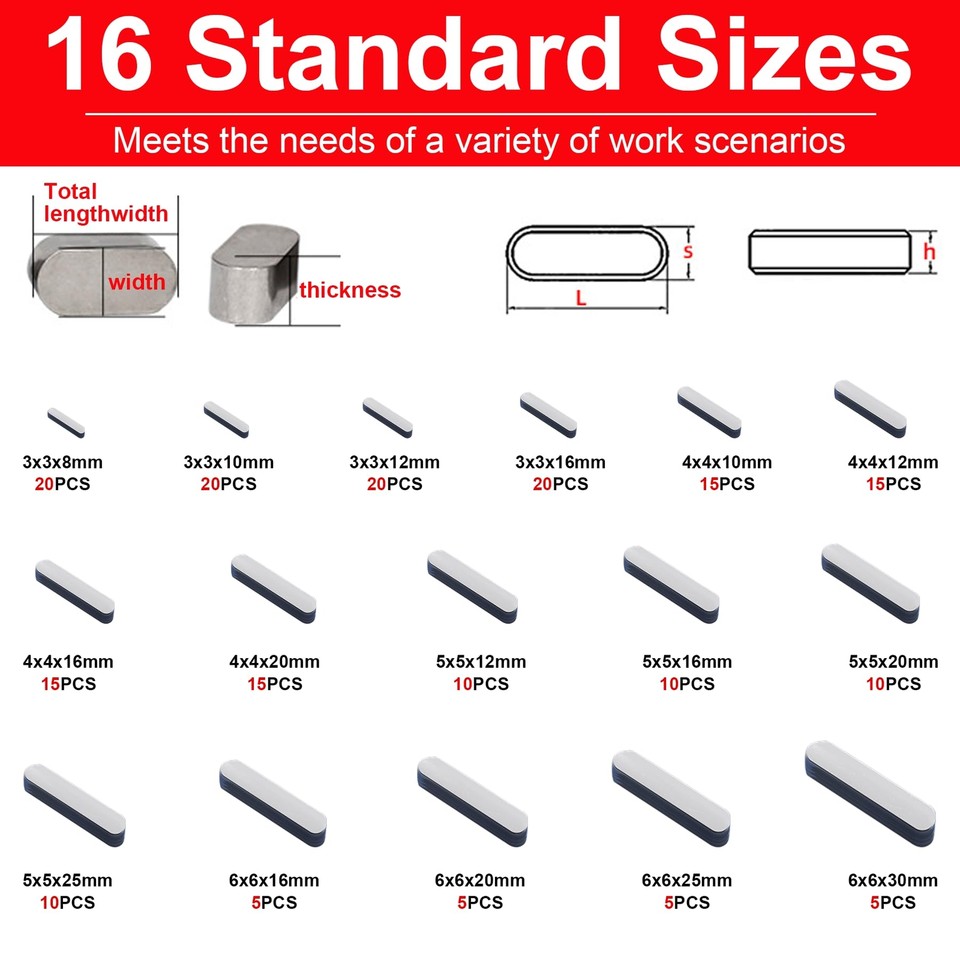 200PCS Round Ended Feather Key, 8MM30MM Woodruff Key Stock Assortment