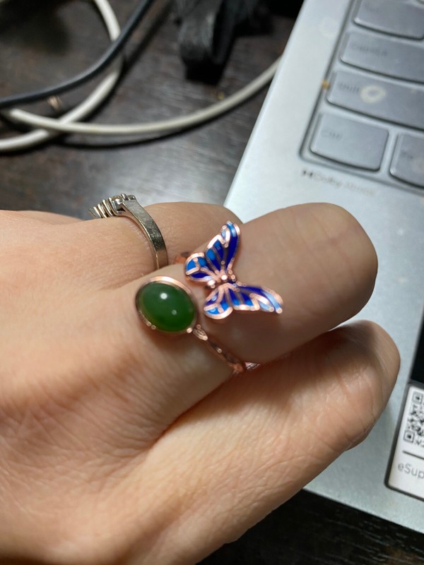 FLEXIBLE NEW*RARE*HETIAN GREEN JADE稀有天然和田玉碧玉景泰蓝Cloisonne BUTTERFLY GOLDS925 RING