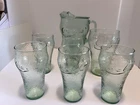 VTG Set Of 7 Indiana Coca-Cola Green Pebble Glasses 64oz Pitcher, 32oz, 5-16oz