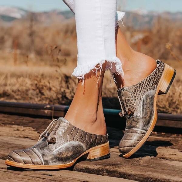 Freebird Womens Malena Western Gray Leather Stacked Block Heel Slip On Mules 7