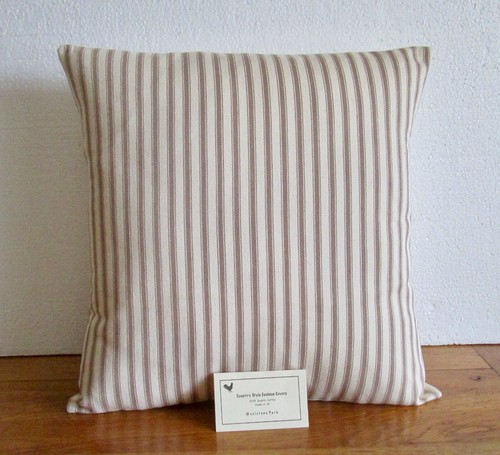 CUSHION COVERS - TAUPE & CREAM TICKING STRIPE - COUNTRY COTTAGE COTTON 16"/18" - Picture 4 of 5