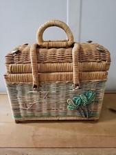 Vtg 60s Wicker Basket Purse Sewing Picnic Palm Trees 10x8x6