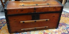 Antique Wood Dome Top Steamer Trunk Leather Handles ( one broken) Iron Bands