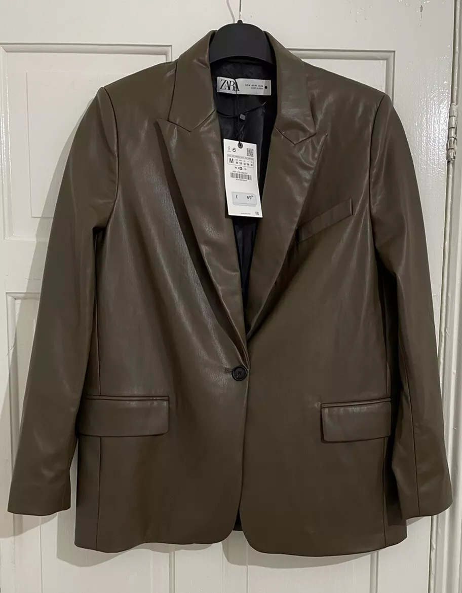 ZARA BROWN FAUX LEATHER BLAZER JACKET WITH SHOULDER PADS POCKETS