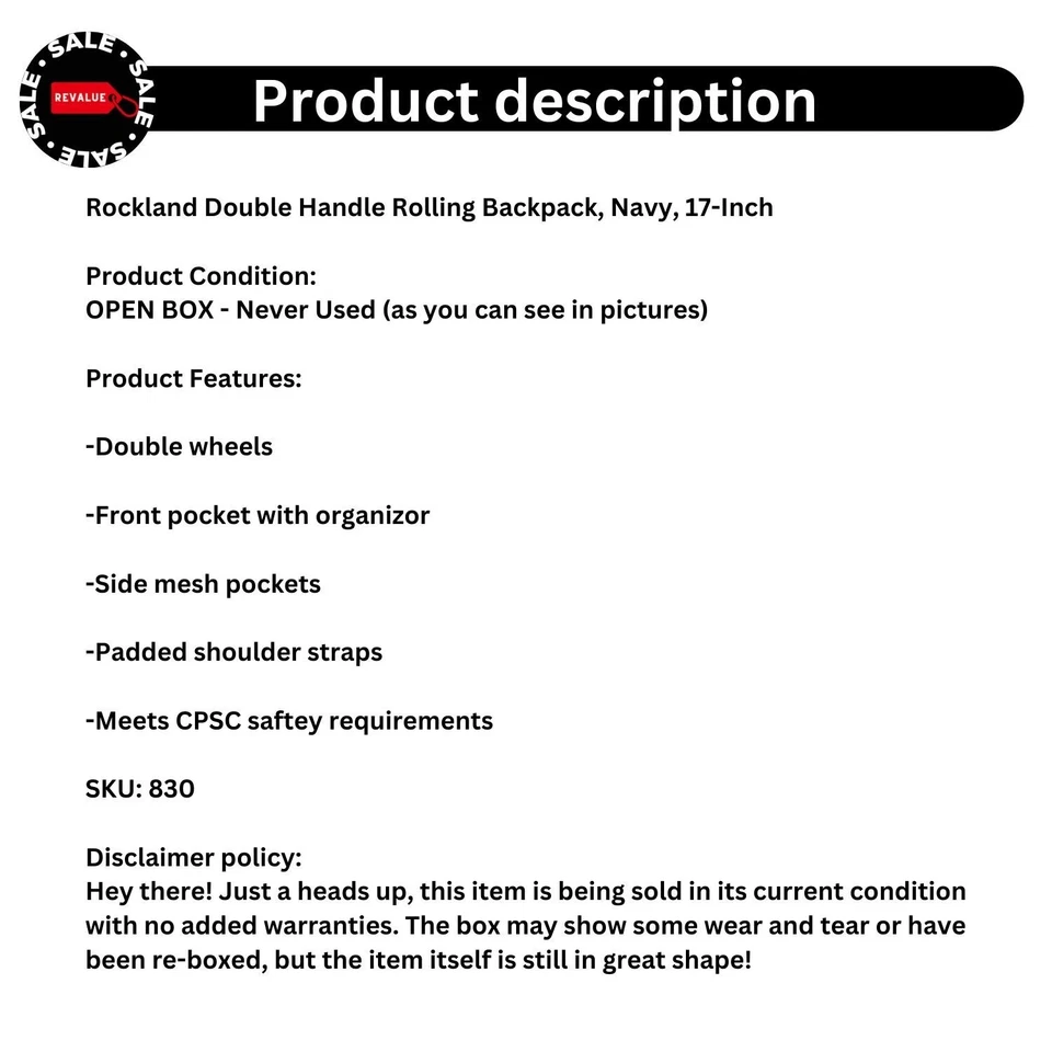 Mochila con ruedas Rockland doble asa azul marino 17 pulgadas unisex niños adultos jóvenes Foto 2 de 4