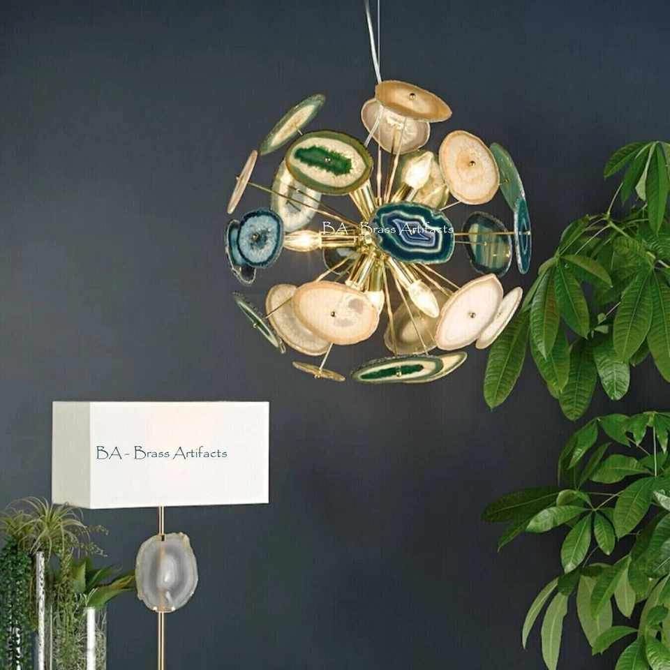 1950 CENTURY BRASS GREEN AGATE STONE URCHIN SPUTNIK CHANDELIER VINTAGE STILNOVO - Image 3 of 4